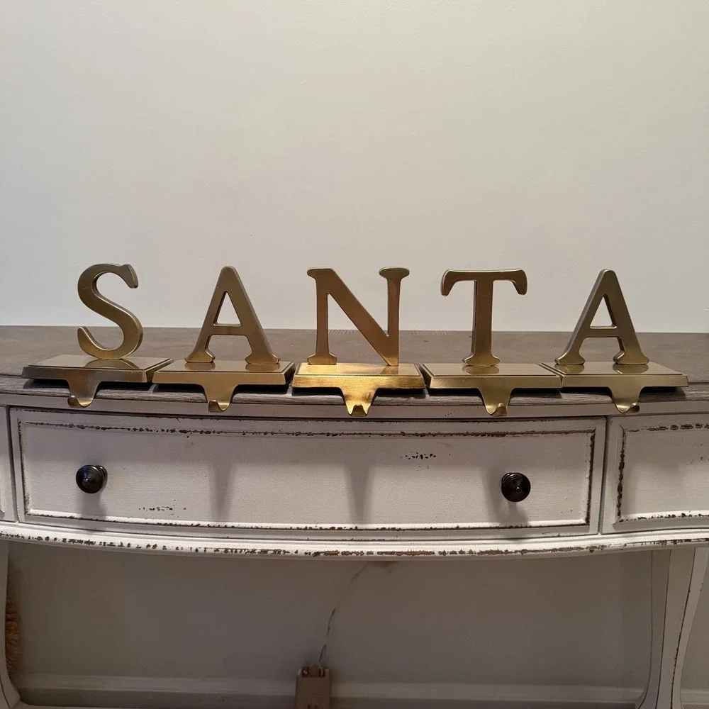 Vintage Gold Brass Letters SANTA Mantel Hook Stocking‎ Holder Hanger 5 pc Set